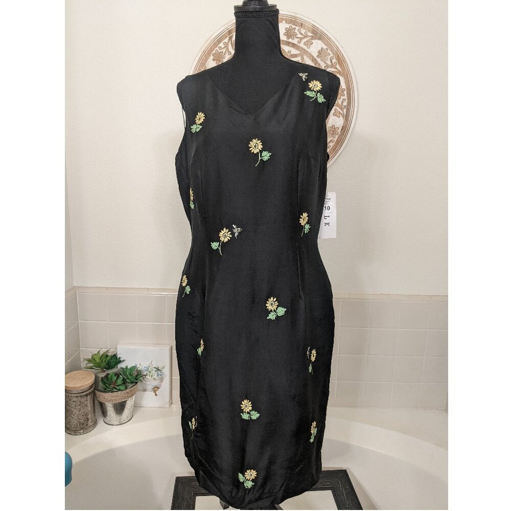 Studio I Vintage Sunflower and Bee Embroidered Black Silk Dress - Size 10 (NWT)